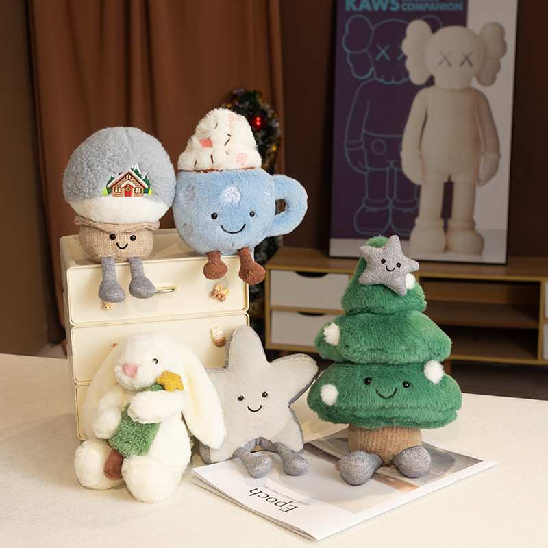 Wholesale winter holiday plush toy collection including a mug, snow cabin, bunny, star, and tree for suppliers.