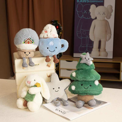 Wholesale winter holiday plush toy collection including a mug, snow cabin, bunny, star, and tree for suppliers.