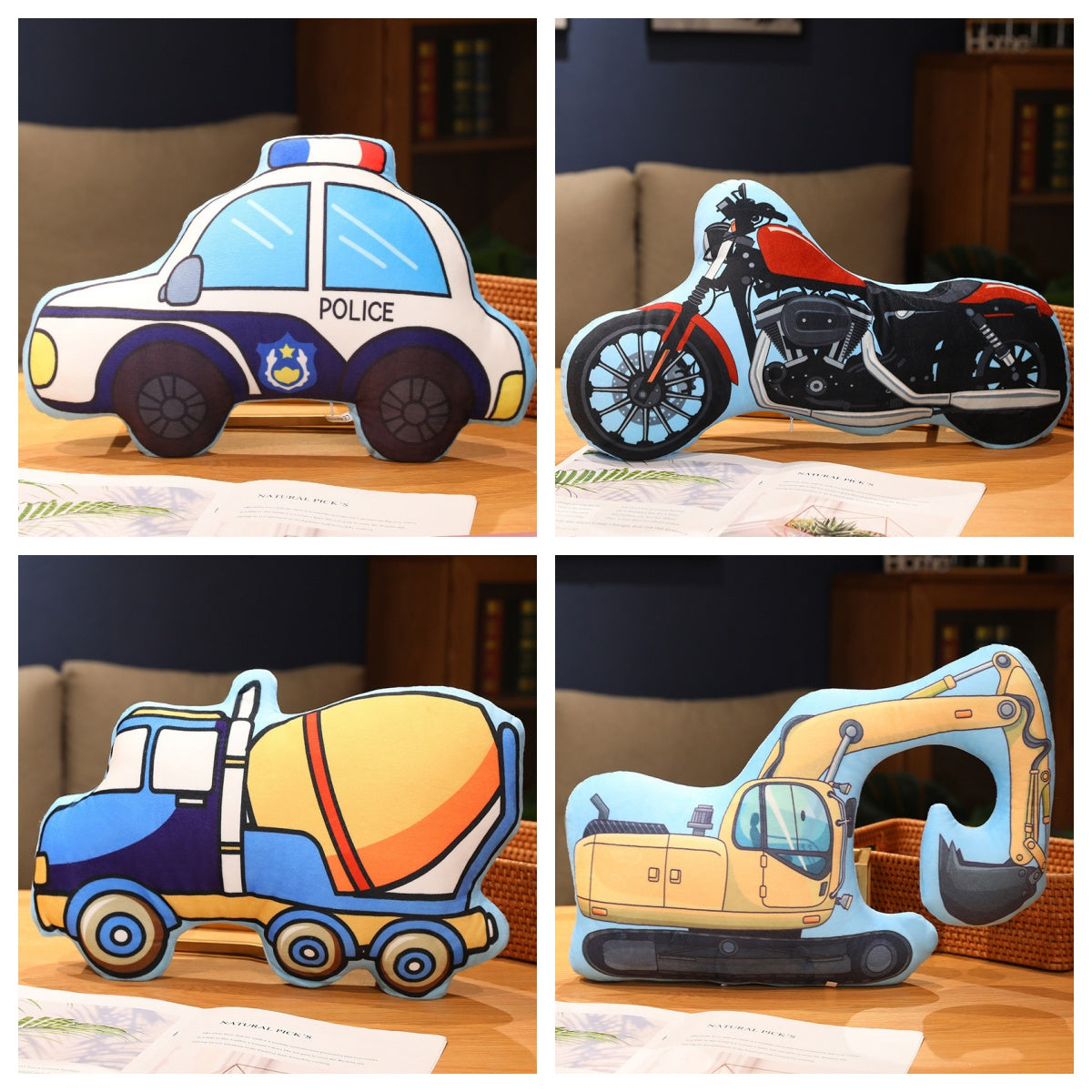 Cute Cartoon Pillow — Car, Police Car, and Excavator Designs