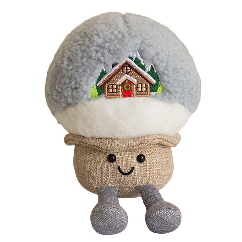 Custom winter snow cabin globe plush toy isolated on a white background for OEM factory sourcing.