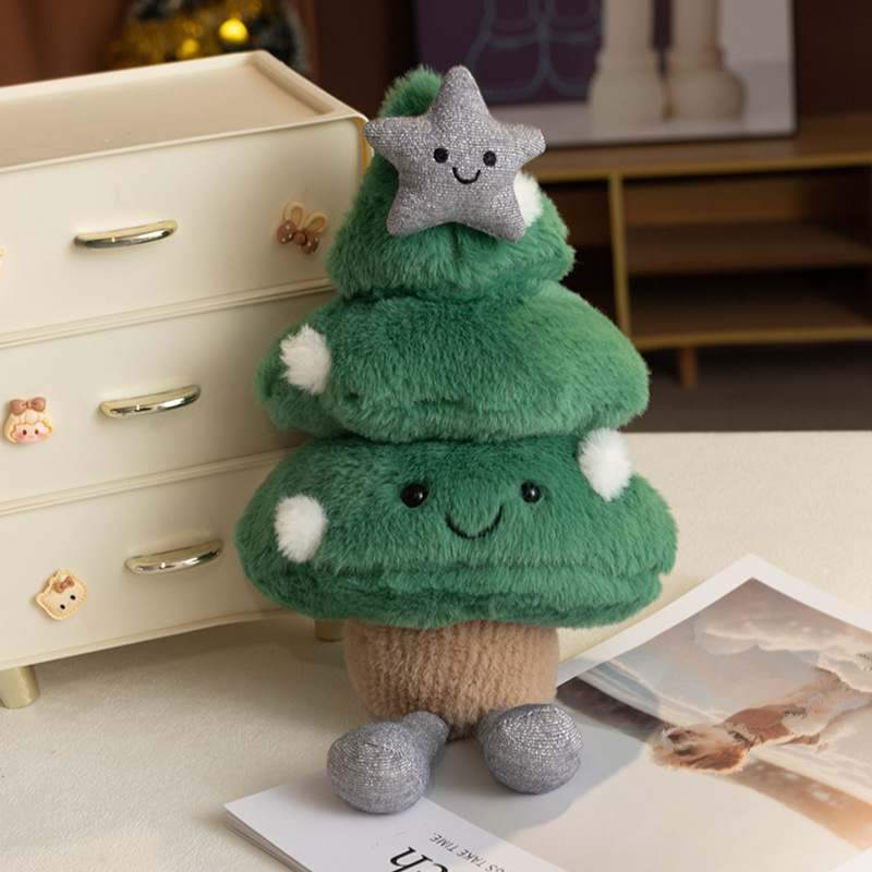 Bulk fluffy green Christmas tree stuffed plush toy with a star on top for export.