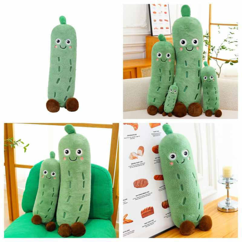 Grid showing kawaii cucumber stuffed animals in various lifestyle settings including a sofa and green chair, perfect aesthetic room decor.