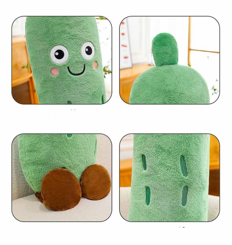 Close-up details of a kawaii cucumber plush toy highlighting the embroidered smiling face, soft plush fabric, and brown feet, premium wholesale supplier.
