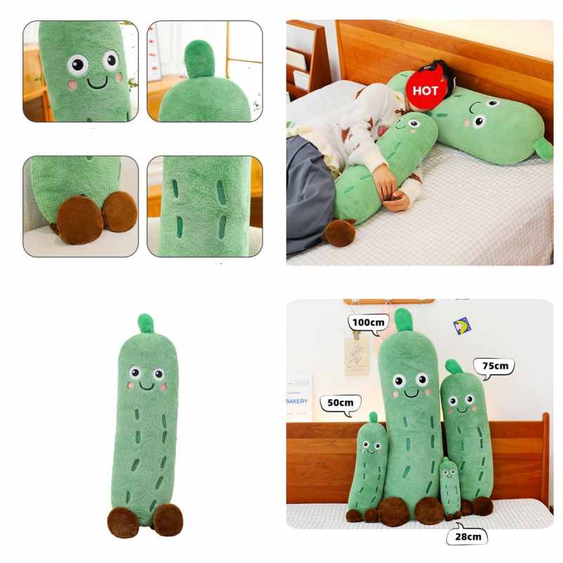 Collage of cute cucumber plush toys showing embroidered face details, a sleeping body pillow lifestyle shot, and a complete size chart for wholesale.