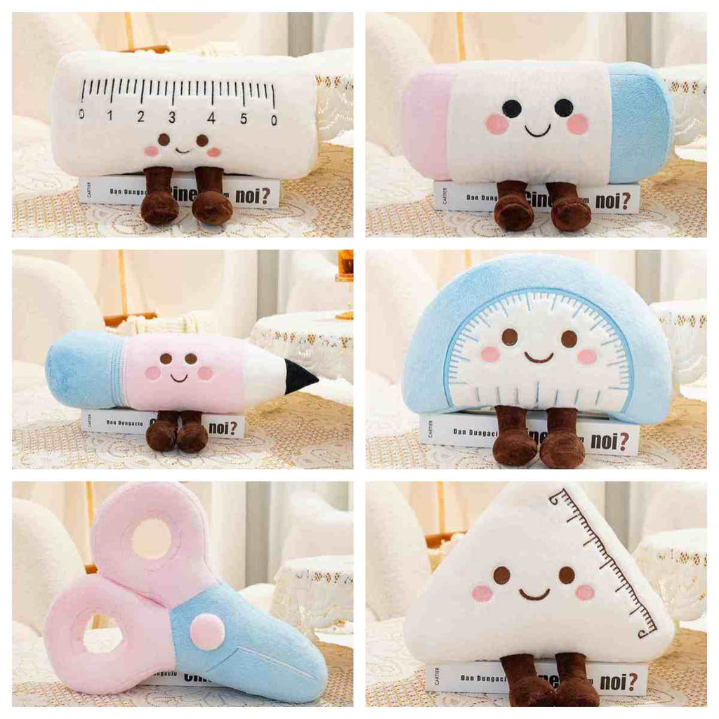 Wholesale Kawaii stationery plush collection featuring rulers, erasers, and pencils for B2B retail buyers.