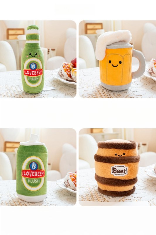Four-panel grid showcasing a funny beer series plush toy collection: green bottle, foam mug, green can, and brown barrel.
