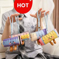 Student in aesthetic school uniform holding cute pastel ruler plush keychains, perfect back to school gift ideas.