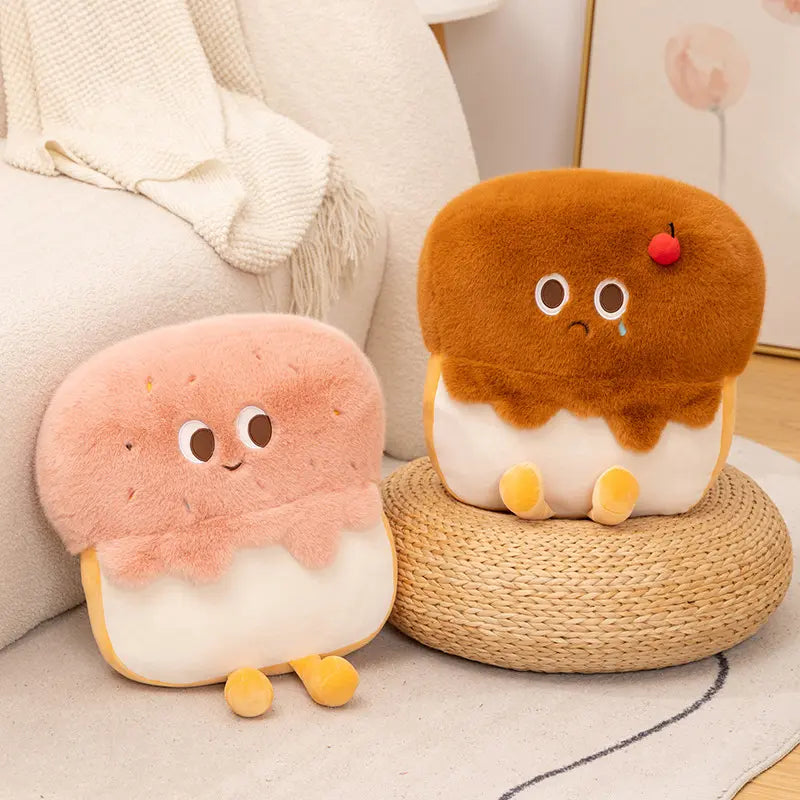 Two stuffed bread plush toys, featuring a happy pink and a sad brown toast design, displayed for bulk purchase.