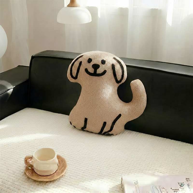 B2B custom beige dog boucle pillow resting on a sofa, optimized for retail distributors.