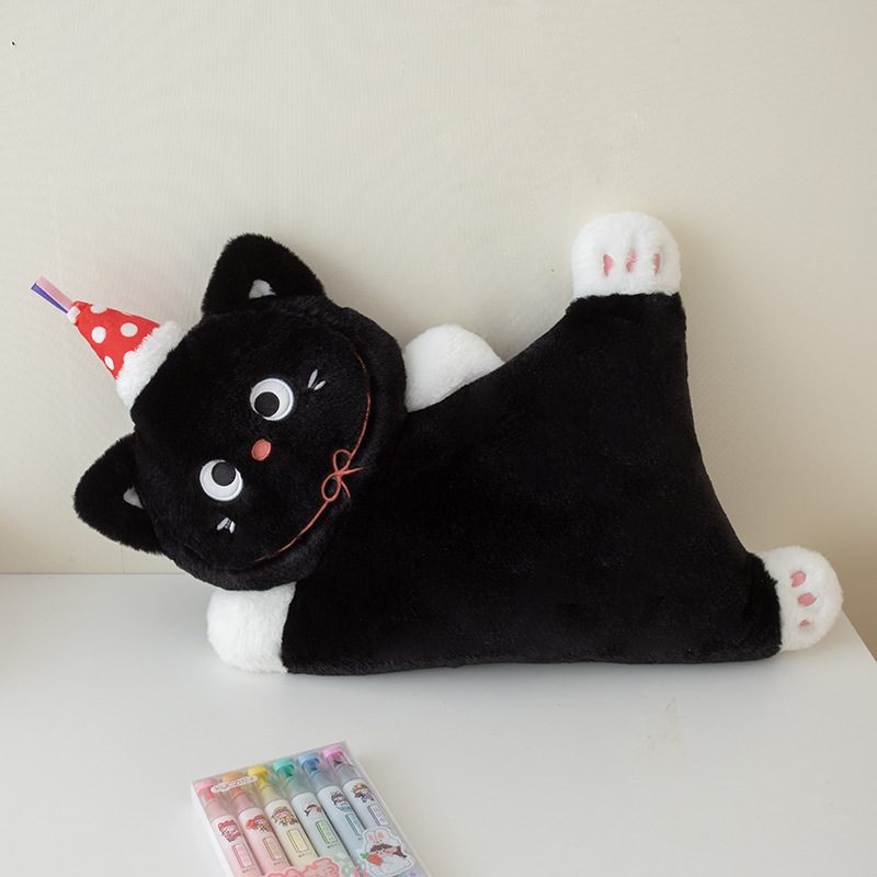 B2B custom lying black cat plush throw pillow wearing a polka dot party hat for global distributors.