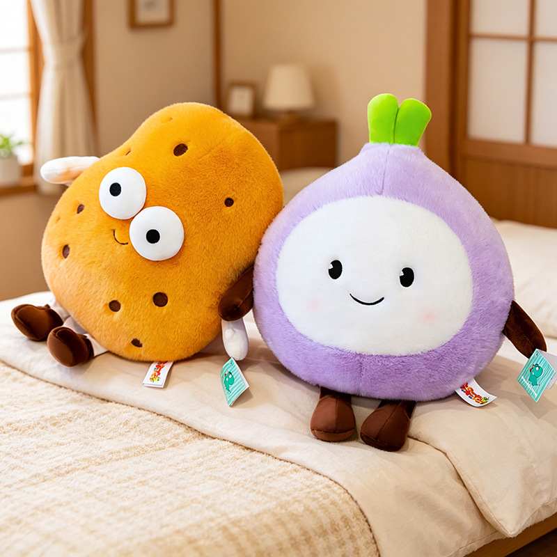 B2B cute potato and onion vegetable plush pillows sitting on a bed for boutique gift shop suppliers.