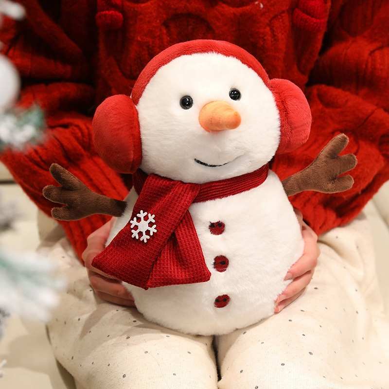 B2B wholesale cute winter holiday snowman stuffed toy with red earmuffs and scarf.