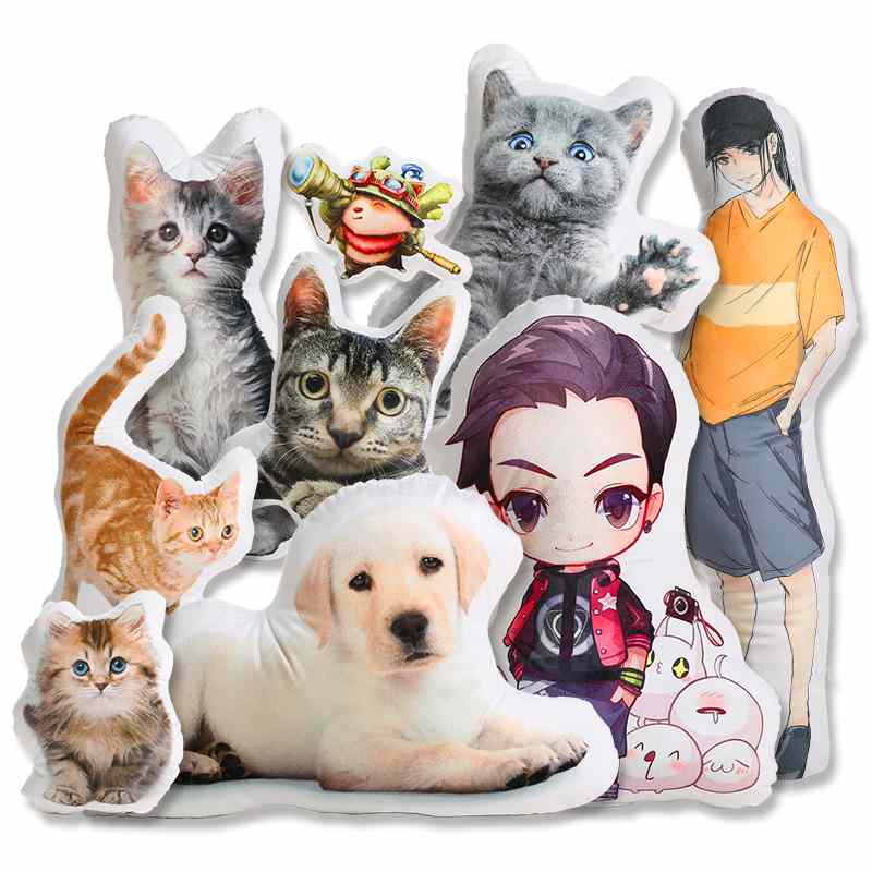 B2B personalized printed shaped cushion supplier showing custom anime characters and pet photo pillows.
