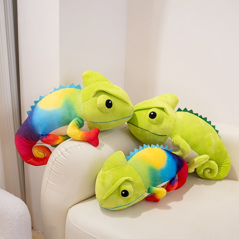 Wholesale reptile plush collection featuring green and rainbow chameleons for gift shop distributors.