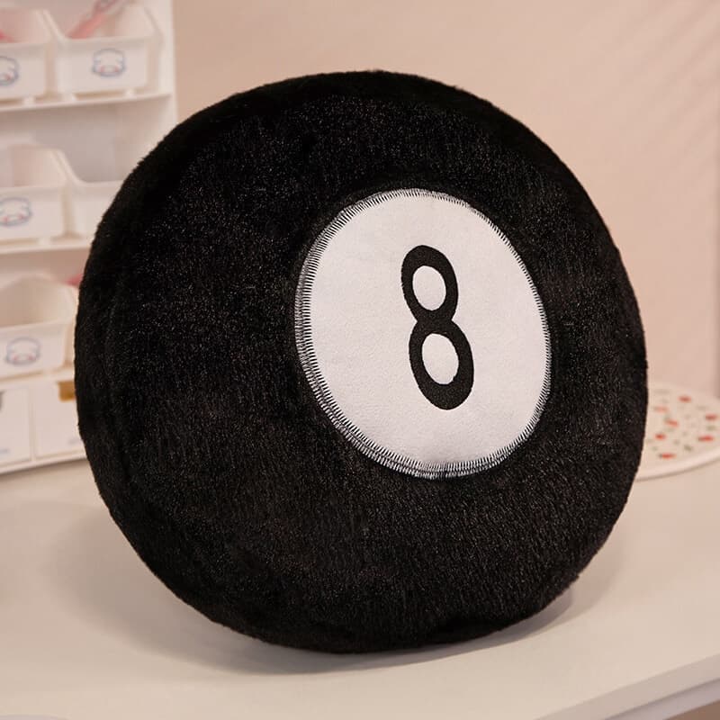 Wholesale kawaii black 8-ball billiard plush cushion pillow for bulk orders.