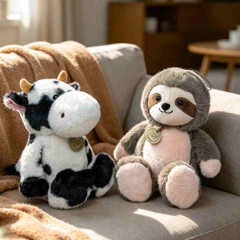 Boutique cow and sloth plush toys sitting on a sofa, demonstrating heirloom quality and styling for global wholesale distributors.
