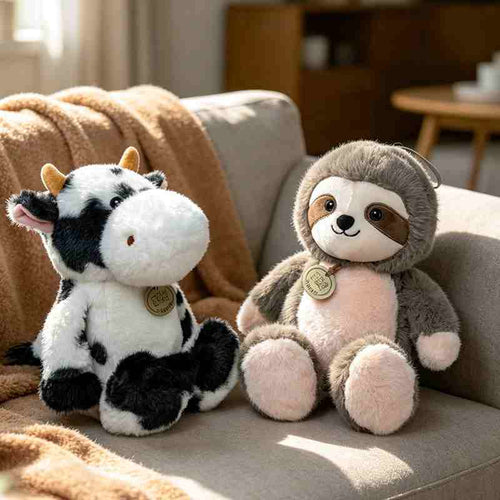 Boutique cow and sloth plush toys sitting on a sofa, demonstrating heirloom quality and styling for global wholesale distributors.