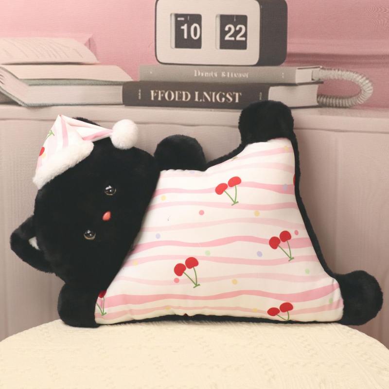 Boutique sleeping black cat throw pillow wearing a nightcap for wholesale gift shop supply.