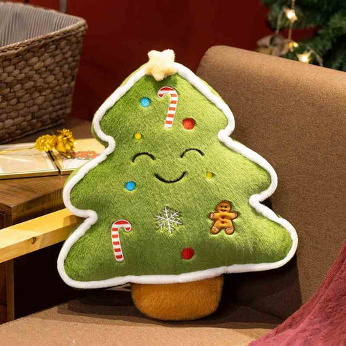 Aesthetic Christmas tree plush cushion with embroidered candy cane and star on a couch for wholesale supply.