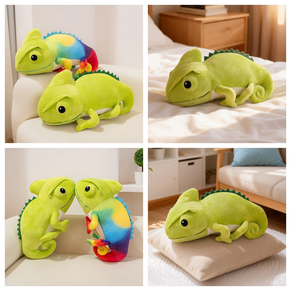 Bulk assorted chameleon soft toys in lifestyle settings for global B2B retail.