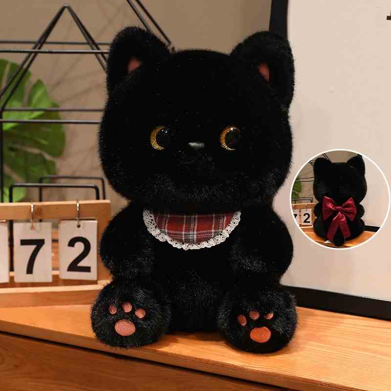 Bulk black cat stuffed animal featuring golden eyes and plaid collar for retail suppliers