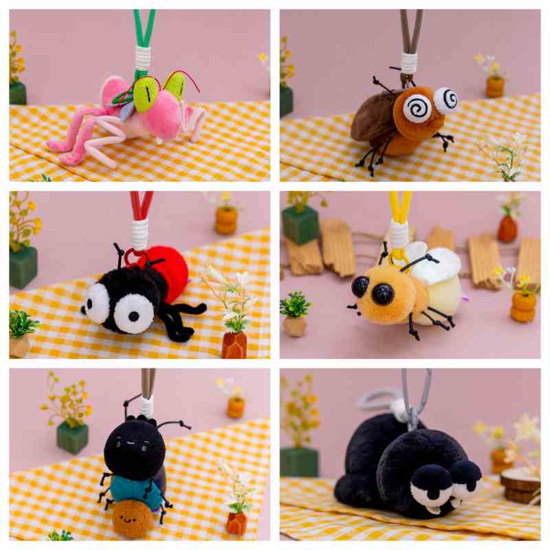 Bulk bug stuffed animal bag charm collection, a high-turnover item for retail checkout counters.