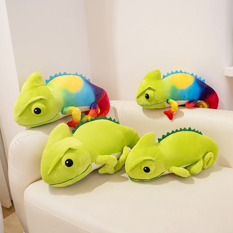 Bulk assorted chameleon stuffed animals in green and rainbow colors supplied for B2B retail.