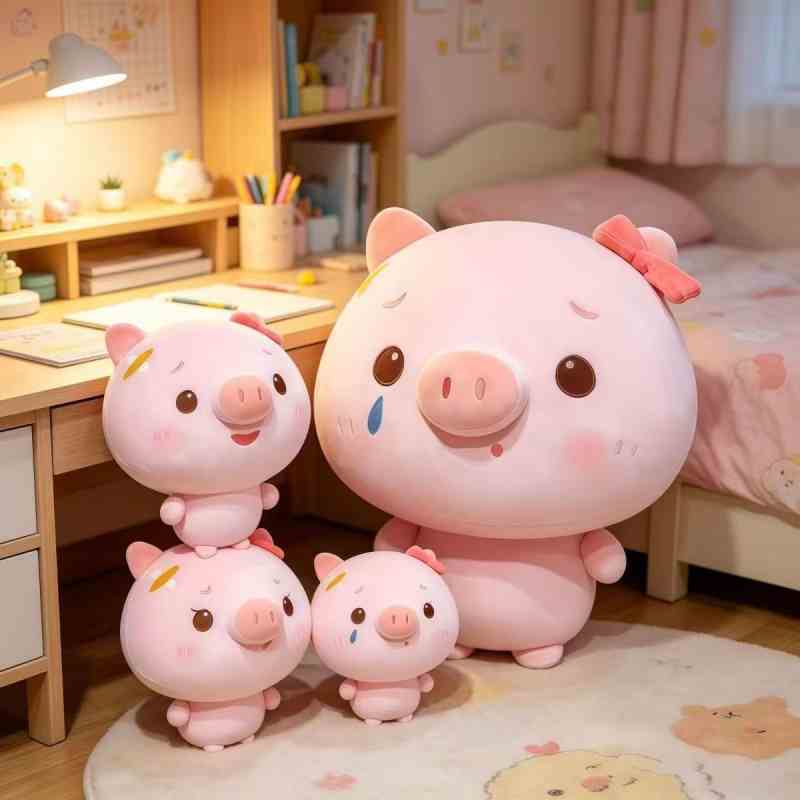 Bulk chubby piglet stuffed animal collection displayed as a stack in a children's bedroom, optimized for global boutique retail supply.