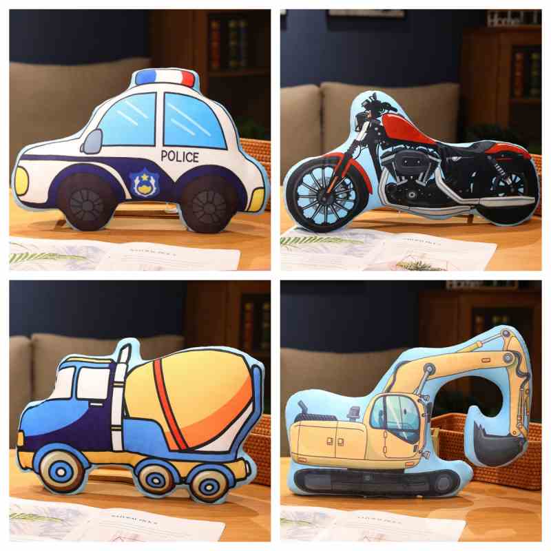 Bulk city rescue and construction vehicle plush cushions, a high-turnover item for toy stores and supermarket promos.