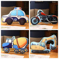Bulk city rescue and construction vehicle plush cushions, a high-turnover item for toy stores and supermarket promos.