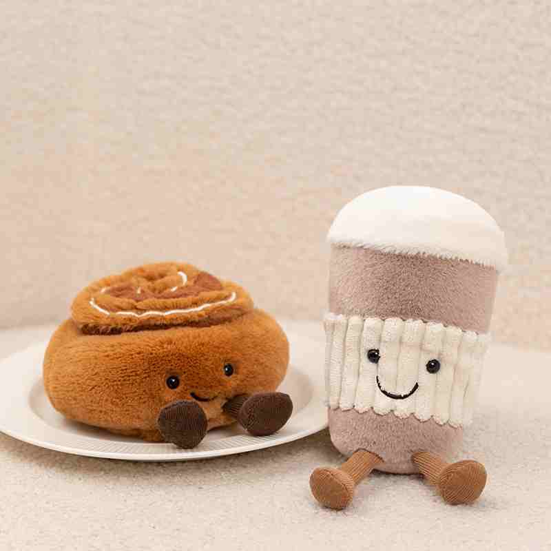 Wholesale kawaii cafe food plushies featuring a cinnamon roll and coffee cup for custom private label sourcing.