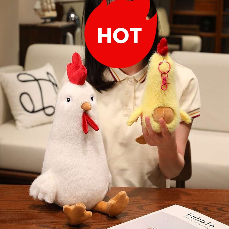 Girl holding a white chicken plush and a mini yellow chicken keychain for bulk vendor orders.