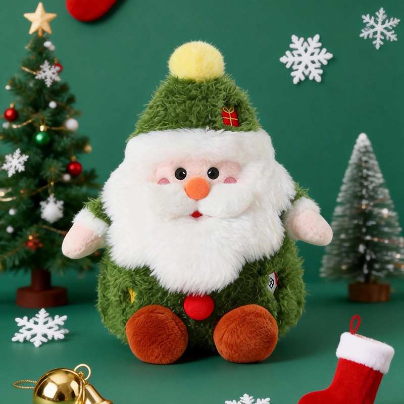 Bulk custom green Christmas Santa stuffed animal sitting against a festive green background for retail vendors.