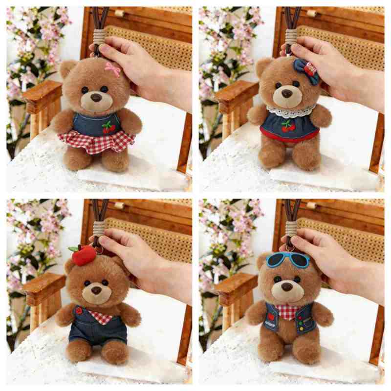 Bulk custom denim bear bag charm vendor catalog displaying plush teddy bears wearing denim skirts, overalls, and sunglasses for boutique buyers.