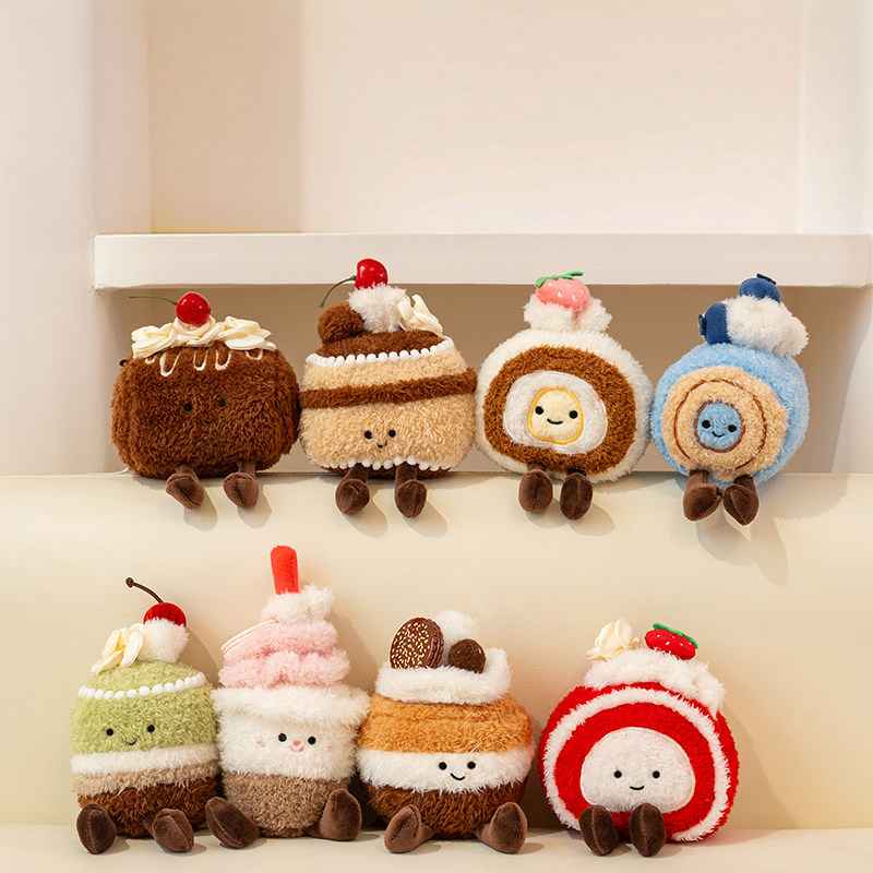 Bulk custom dessert food plush vendor catalog displaying seven cake stuffed toys for boutique distributors.