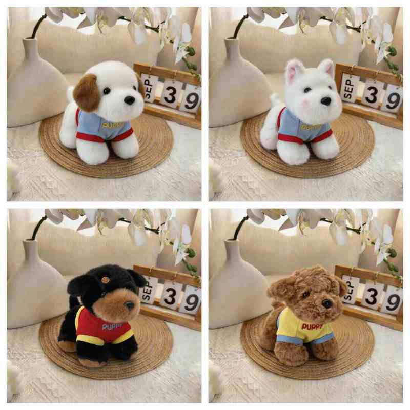 Bulk custom dog stuffed animal vendor catalog displaying Westie, Schnauzer, and Poodle plushies for boutique retail buyers.