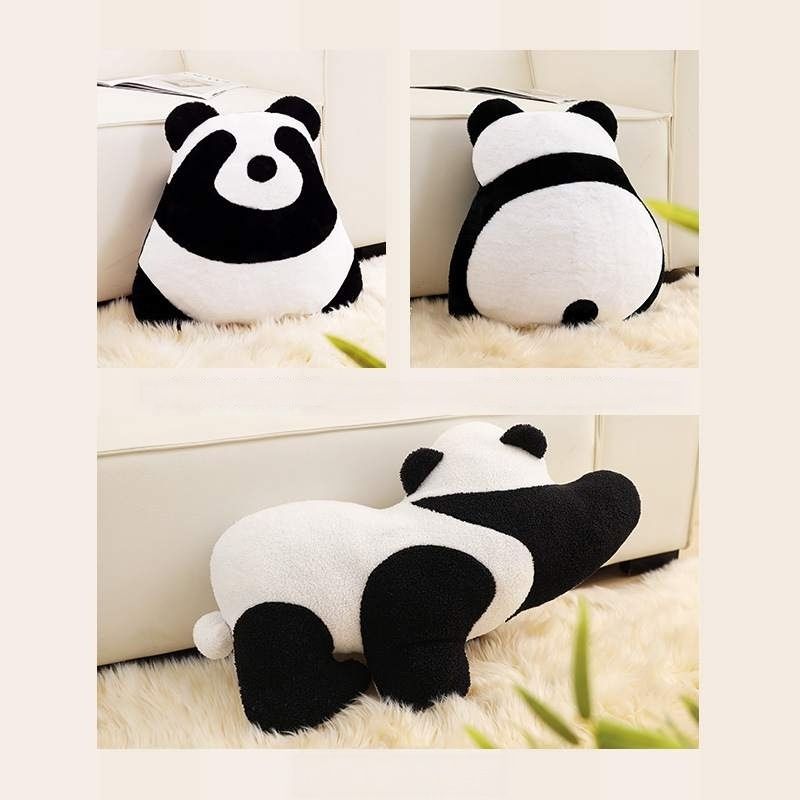 Bulk custom double-sided lying panda plush pillows displayed for wholesale home decor vendors.