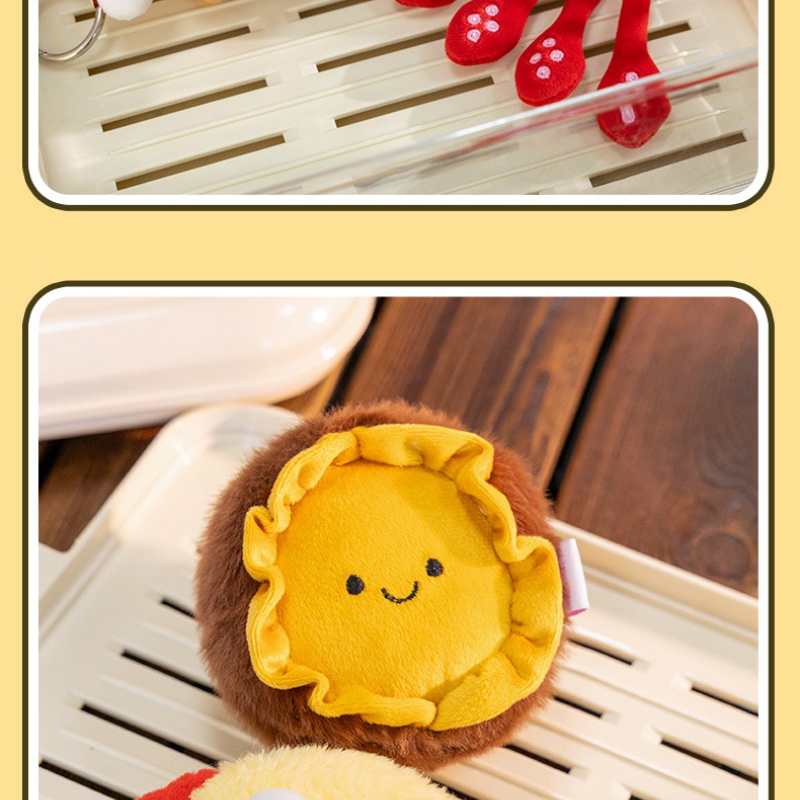 Bulk custom funny food plush keyring assortment featuring meat bone, squid, and fried chicken for B2B retail distributors.