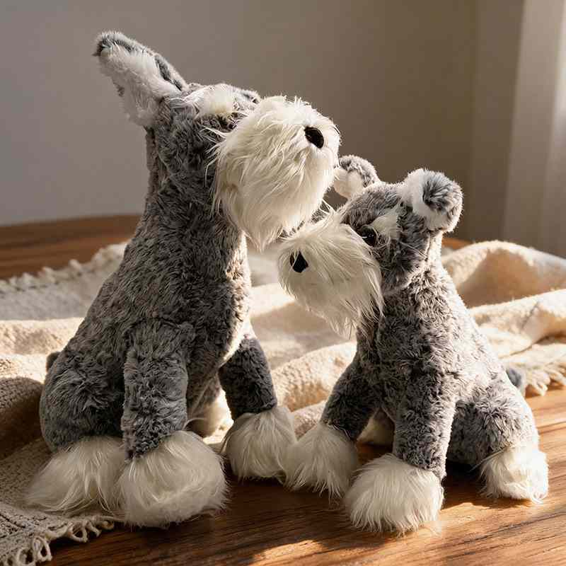 Two grey schnauzer stuffed animals in large and small sizes facing each other for bulk custom vendors.