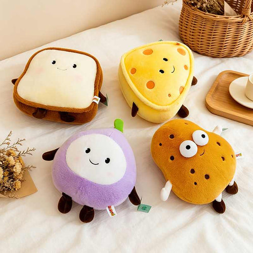 Bulk custom kawaii food shaped plush toys resting on a white blanket for worldwide vendors.