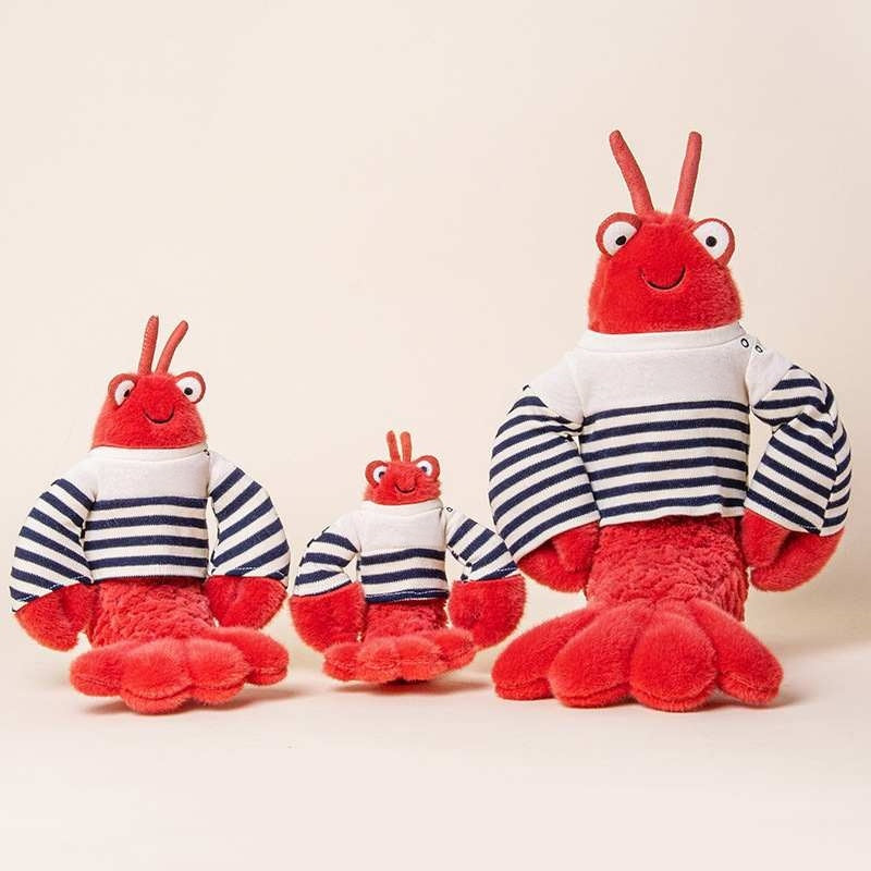 Bulk custom red lobster stuffed animals wearing striped sailor shirts in three sizes for retail vendors.