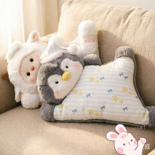 Bulk custom lying sheep and penguin bedside cushion pillows displayed on a sofa for vendors.