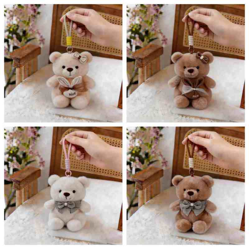 Bulk custom plush bear bag charms with plaid bowties and nice bunny ear pouches, showcasing OEM factory quality for boutique vendors.