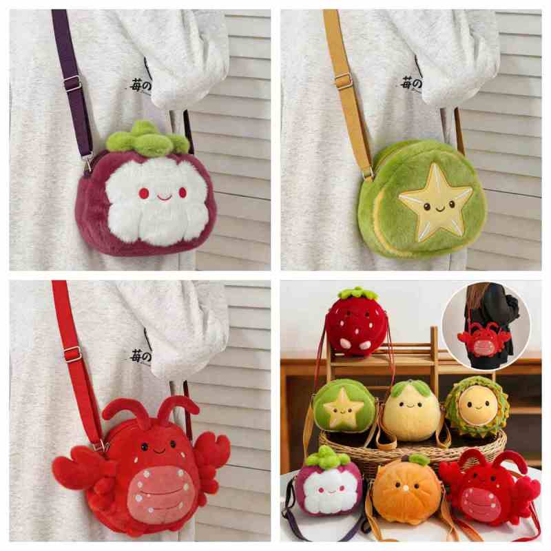 Bulk custom plush fruit and crab animal shoulder bag vendor catalog showing mangosteen, starfruit, and red crab plush purses.