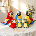 Bulk custom realistic Macaw bird plush family display showing multiple sizes for boutique gift shop vendors.