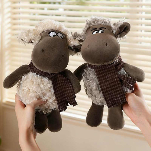 Two cute stuffed sheep plushies in beige and brown held by hands for bulk custom vendor orders.