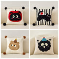 Bulk custom tufted cat pillow assortment including apple cat and party monster designs for vendor sourcing.