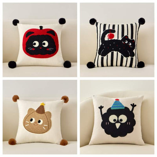 Bulk custom tufted cat pillow assortment including apple cat and party monster designs for vendor sourcing.