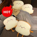 Bulk cute bread stuffed animal pillow, showing a girl resting on a bed, ideal for bedding boutiques and lifestyle stores.
