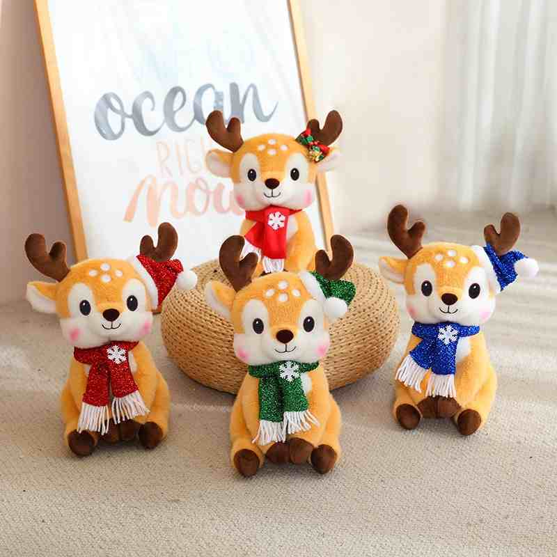 Bulk festive deer stuffed animals with red, green, and blue scarves for supermarket seasonal supply.